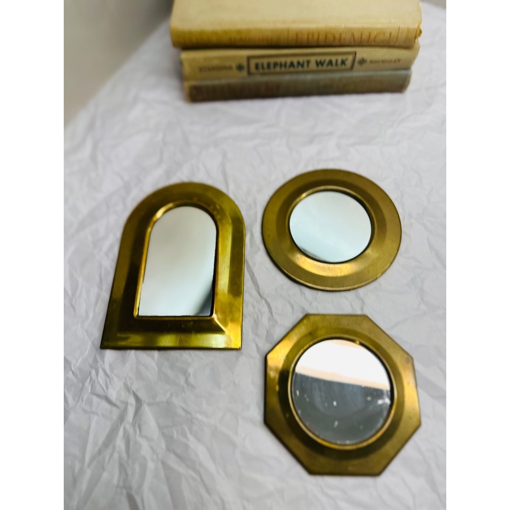 Vintage Brass Miniature Wall Mirror Set 3 Piece Arched Round Octagon Gold Tone